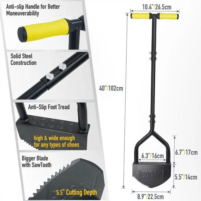 Alt view image 2 of 7 - Colwelt Manual Edger Lawn Tool 40-inch, Half Moon Edger Chopper Lawn Tool with V-Shape Serrated Blade, Solid Steel Lawn Edger Tool with Soft T-Grip, Garden Edger for Sidewalk, Grass, Yard, Landscape