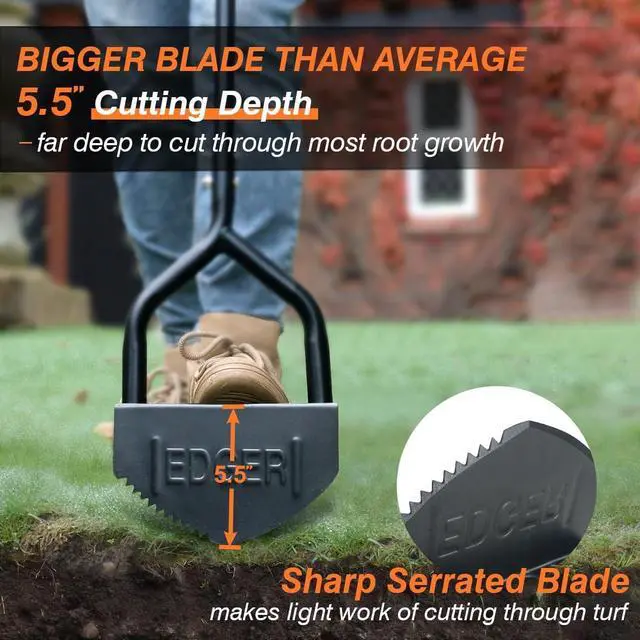 Alt view image 5 of 7 - Colwelt Manual Edger Lawn Tool 40-inch, Half Moon Edger Chopper Lawn Tool with V-Shape Serrated Blade, Solid Steel Lawn Edger Tool with Soft T-Grip, Garden Edger for Sidewalk, Grass, Yard, Landscape