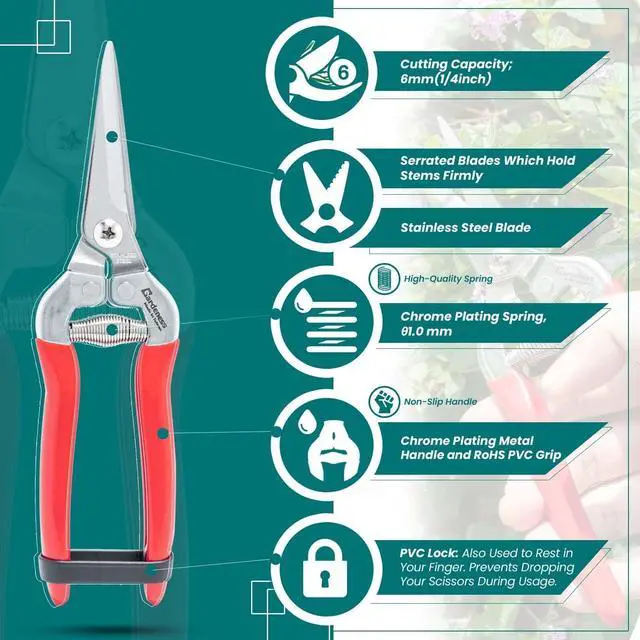 Alt view image 5 of 7 - Gardeness Pruning Shear Straight Pruning Snip 2PCS Stainless Steel Florist Scissors, Multi-Tasking Precision Hand Pruner Herb Snips Flower Clippers Bonsai Trimmers Ergonomic Handle Garden shear