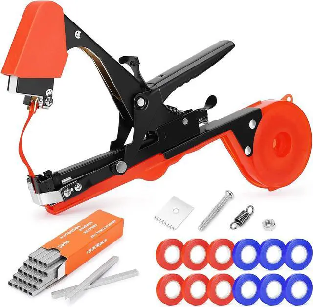 Main image of Plant Tying Machine, Garden Tapetool Tapener Gun with 12 Rolls of Tape, 1 Box Staples and 1 Replacement Blade for Vegetables, Grape, Tomato, Cucumber, Pepper and Flower Planting (Red)