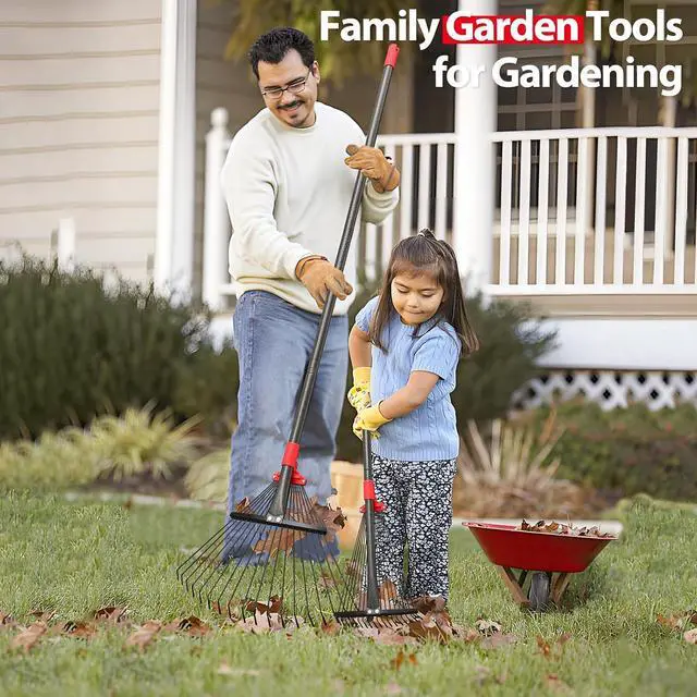 Alt view image 2 of 7 - Rake, Adjustable Rake for Leaves with 9-17 Rake Head, Rakes for Lawns Heavy Duty, 60 in Garden Rake with 18 Clog-Free Tines, Long Handle, Metal Rakes Tool for Gardening, Fast Cleanup Camping Rake