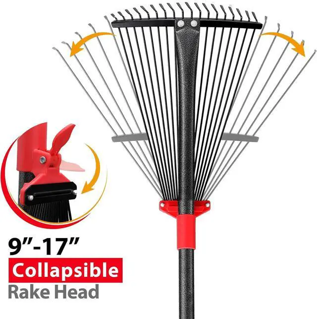 Alt view image 4 of 7 - Rake, Adjustable Rake for Leaves with 9-17 Rake Head, Rakes for Lawns Heavy Duty, 60 in Garden Rake with 18 Clog-Free Tines, Long Handle, Metal Rakes Tool for Gardening, Fast Cleanup Camping Rake