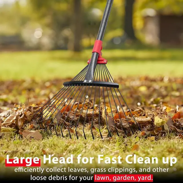 Alt view image 3 of 7 - Rake, Adjustable Rake for Leaves with 9-17 Rake Head, Rakes for Lawns Heavy Duty, 60 in Garden Rake with 18 Clog-Free Tines, Long Handle, Metal Rakes Tool for Gardening, Fast Cleanup Camping Rake