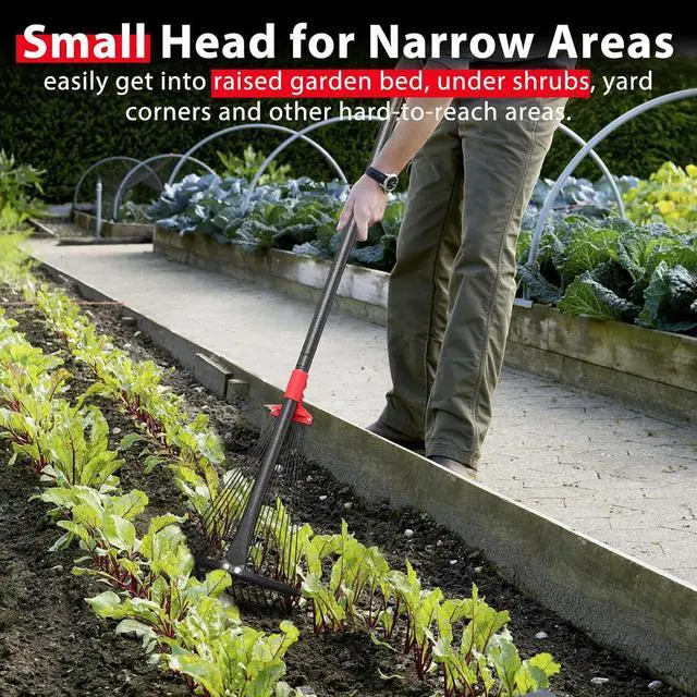 Alt view image 5 of 7 - Rake, Adjustable Rake for Leaves with 9-17 Rake Head, Rakes for Lawns Heavy Duty, 60 in Garden Rake with 18 Clog-Free Tines, Long Handle, Metal Rakes Tool for Gardening, Fast Cleanup Camping Rake
