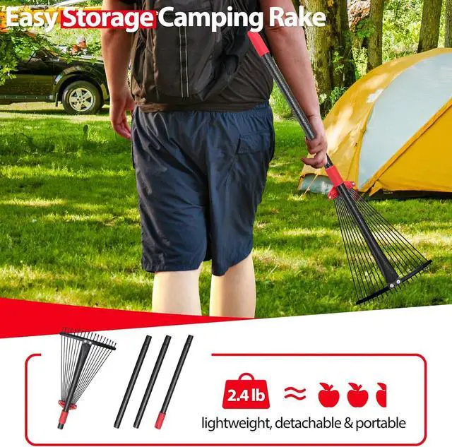 Alt view image 7 of 7 - Rake, Adjustable Rake for Leaves with 9-17 Rake Head, Rakes for Lawns Heavy Duty, 60 in Garden Rake with 18 Clog-Free Tines, Long Handle, Metal Rakes Tool for Gardening, Fast Cleanup Camping Rake