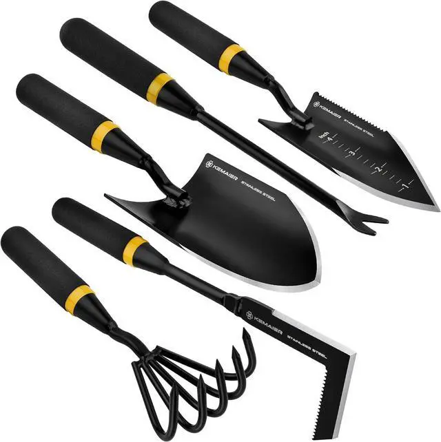 Main image of Garden Tool Set - Featuring a Heavy-Duty Stainless Steel Hand Cultivator, Transplant Shovel, Trowel, Crack Weeder, and Dandelion Weeder The Ultimate, Unbreakable Gardening Gift Black