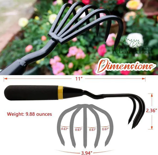 Alt view image 4 of 7 - Garden Tool Set - Featuring a Heavy-Duty Stainless Steel Hand Cultivator, Transplant Shovel, Trowel, Crack Weeder, and Dandelion Weeder The Ultimate, Unbreakable Gardening Gift Black
