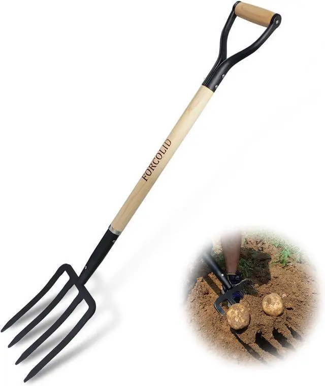 Main image of Garden Fork, 4-Tine Spading Digging Fork, Pitch Fork-45Inch, Forged Steel Y-Grip, Wood Handel