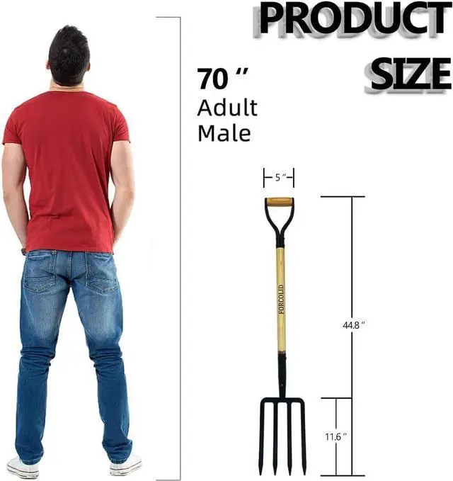 Alt view image 2 of 7 - Garden Fork, 4-Tine Spading Digging Fork, Pitch Fork-45Inch, Forged Steel Y-Grip, Wood Handel