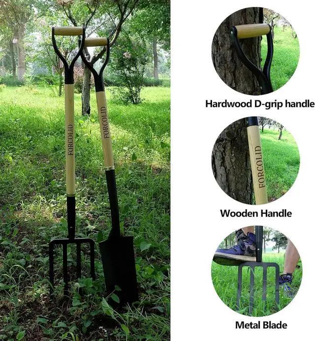 Alt view image 3 of 7 - Garden Fork, 4-Tine Spading Digging Fork, Pitch Fork-45Inch, Forged Steel Y-Grip, Wood Handel