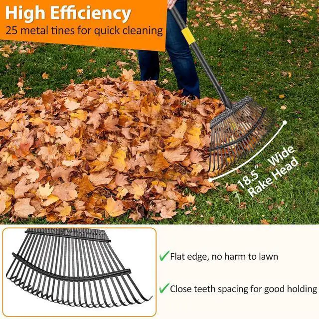 Alt view image 3 of 7 - Rake, Garden Rake for Leaves, Heavy Duty Metal Leaf Rake with 37-65 inch Adjustable Steel Handle, 25 Tines 18" Wide Rake Garden Tools for Lawns Yard Flower Bed Grass Mulch Shrub Camping Gardening