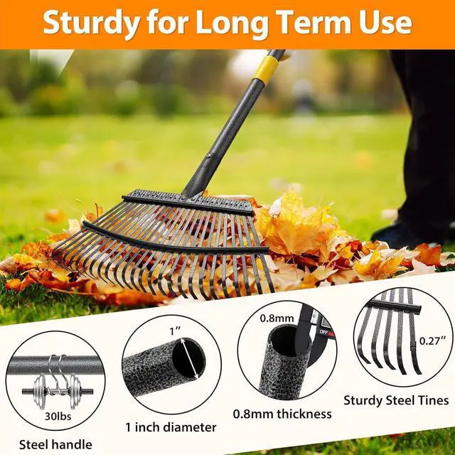 Alt view image 4 of 7 - Rake, Garden Rake for Leaves, Heavy Duty Metal Leaf Rake with 37-65 inch Adjustable Steel Handle, 25 Tines 18" Wide Rake Garden Tools for Lawns Yard Flower Bed Grass Mulch Shrub Camping Gardening