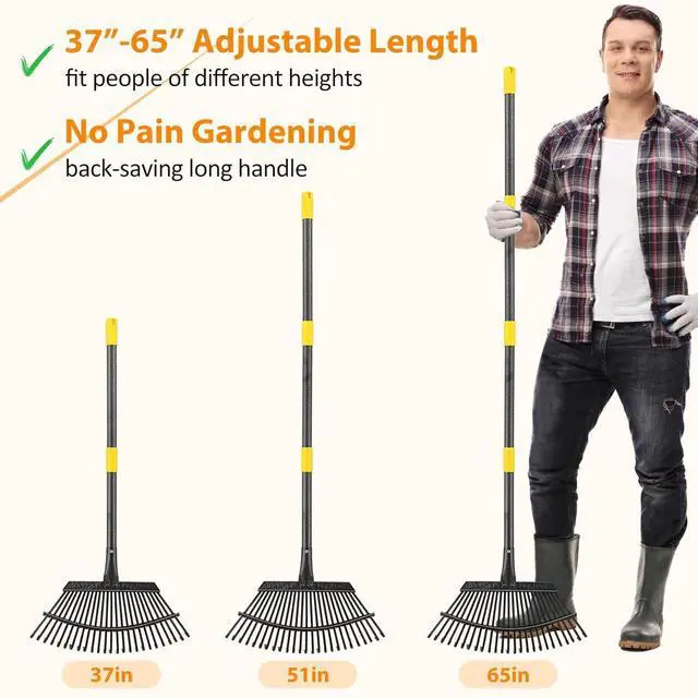 Alt view image 5 of 7 - Rake, Garden Rake for Leaves, Heavy Duty Metal Leaf Rake with 37-65 inch Adjustable Steel Handle, 25 Tines 18" Wide Rake Garden Tools for Lawns Yard Flower Bed Grass Mulch Shrub Camping Gardening