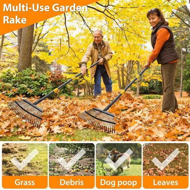 Alt view image 7 of 7 - Rake, Garden Rake for Leaves, Heavy Duty Metal Leaf Rake with 37-65 inch Adjustable Steel Handle, 25 Tines 18" Wide Rake Garden Tools for Lawns Yard Flower Bed Grass Mulch Shrub Camping Gardening