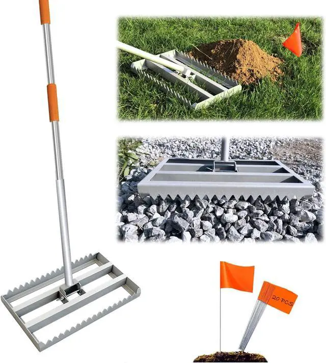Main image of Lawn Leveling Rake, 17in / Double Side can Switch, with 20pc Marking Flags to Mark Low Spot, Stainless + Powder-Coat, FLAT Level Soil/Dirt/Compost on Lawn, SERRATED Rake Dead Grass/Ruts/Gravel on Yard