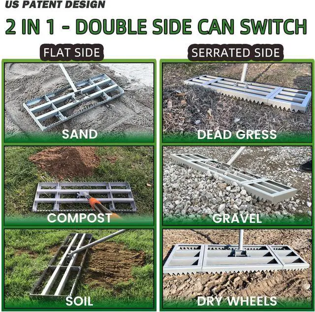 Alt view image 2 of 6 - Lawn Leveling Rake, 17in / Double Side can Switch, with 20pc Marking Flags to Mark Low Spot, Stainless + Powder-Coat, FLAT Level Soil/Dirt/Compost on Lawn, SERRATED Rake Dead Grass/Ruts/Gravel on Yard