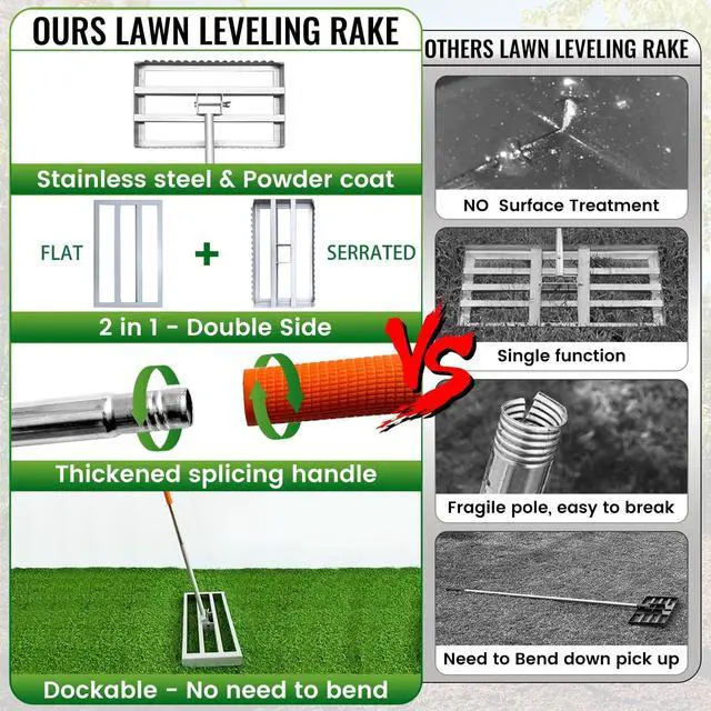 Alt view image 4 of 6 - Lawn Leveling Rake, 17in / Double Side can Switch, with 20pc Marking Flags to Mark Low Spot, Stainless + Powder-Coat, FLAT Level Soil/Dirt/Compost on Lawn, SERRATED Rake Dead Grass/Ruts/Gravel on Yard