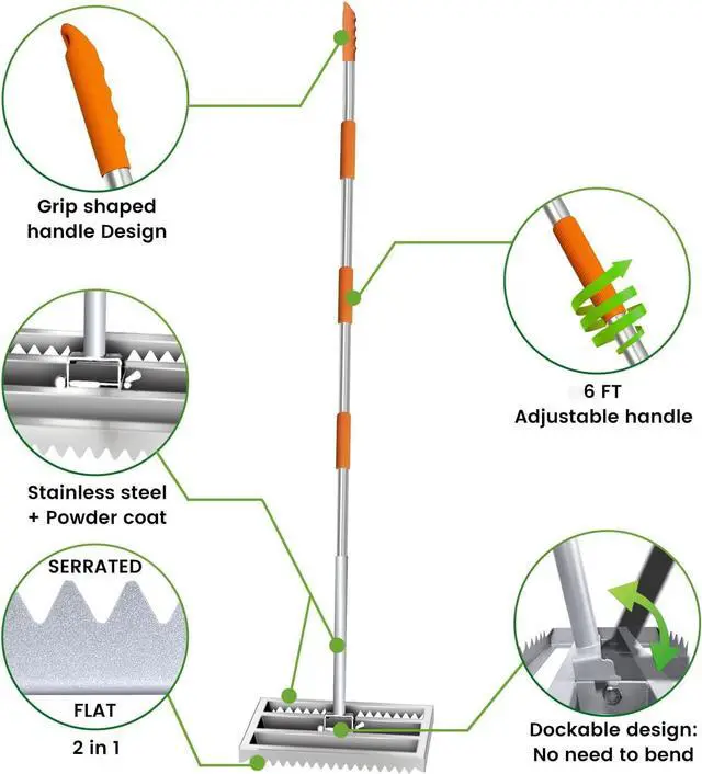 Alt view image 5 of 6 - Lawn Leveling Rake, 17in / Double Side can Switch, with 20pc Marking Flags to Mark Low Spot, Stainless + Powder-Coat, FLAT Level Soil/Dirt/Compost on Lawn, SERRATED Rake Dead Grass/Ruts/Gravel on Yard