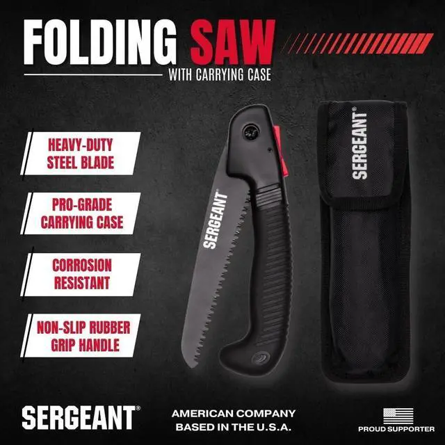 Alt view image 2 of 7 - Folding Hand Saw All-Purpose + Carry Case. Best for Wood, Bone, PVC, Tree Pruning, Gardening, Camping, Hunting, Outdoors, Tool Box. Rugged 7" Steel Blade & Slip-Resistant Rubber Grip Handle.