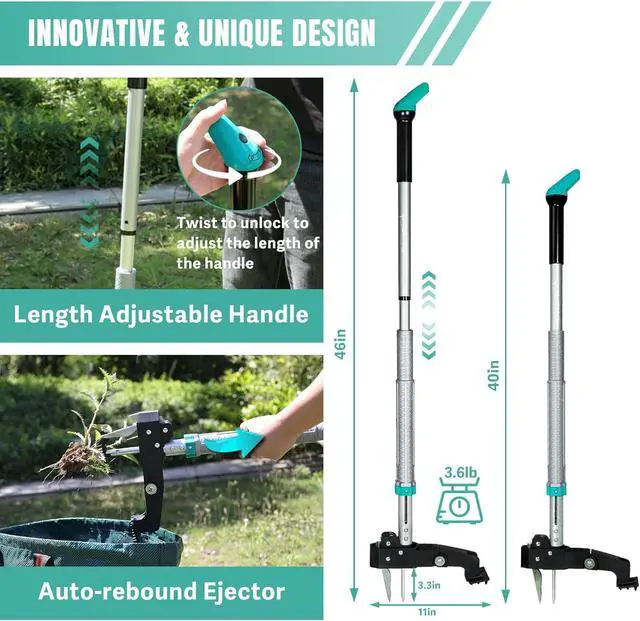 Alt view image 3 of 7 - Breeze Touch 46" Weed Pulling Tool, 4-Claw Detachable Weed Puller Tool with Long Handle Adjustable, Heavy Duty Stand Up Weeder Weeding Tool for Lawn, Yard, Garden, Dandelion Picker, Weed Remover