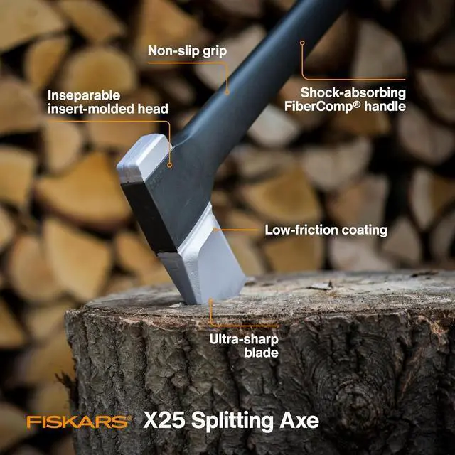 Alt view image 3 of 7 - Fiskars X25 Splitting Axe, 28" Wood Splitting Axe for Medium to Large Size Logs with Shock Absorbing Handle and Sheath, Split Firewood, Forged Steel Blade, Bushcraft Gear and Camping Hatchet