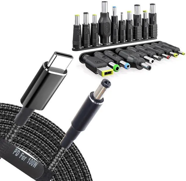 Main image of USB C to DC Adapters 19 Set Power Plug Kit - Universal Charger Supply Cable Braided PD Cord & 5.5x2.1mm Round Barrel Jack for MSI Acer Asus Thinkpad IBM Lenovo Dell HP Laptop Charging Connector Tips