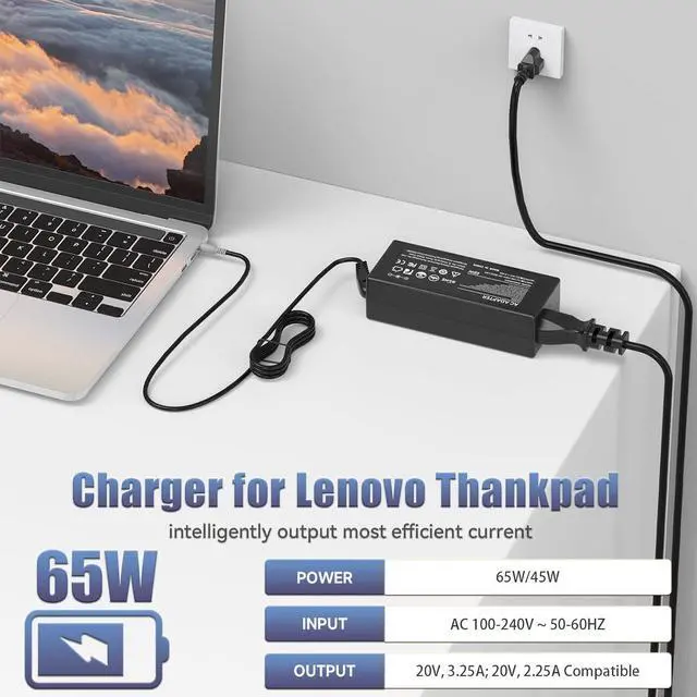 Alt view image 3 of 7 - 65W Laptop Charger for Lenovo Thinkpad T400 T410 T420 T420S T430 T430s T430u T500 T510 T520 T530; X120e X130e X131e X140e X200 X201 X220 X220T X230; E520 E530 E535 SL500 SL510 Power Supply Cord