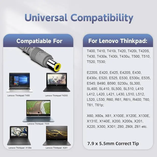 Alt view image 4 of 7 - 65W Laptop Charger for Lenovo Thinkpad T400 T410 T420 T420S T430 T430s T430u T500 T510 T520 T530; X120e X130e X131e X140e X200 X201 X220 X220T X230; E520 E530 E535 SL500 SL510 Power Supply Cord