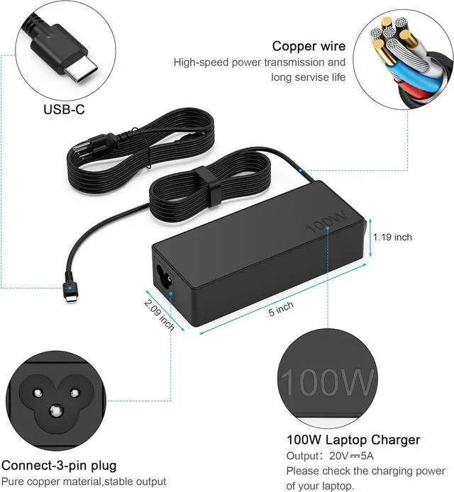 Alt view image 3 of 7 - USB C Laptop Charger 100W USB C Charger Universal Fast Charger Replacement for Lenovo MacBook Pro, MacBook Air,HP,Asus,Acer,MSI,Dell Type C AC Adapters Compatible with 90W 65W 45W PD 3.0 Power Cord