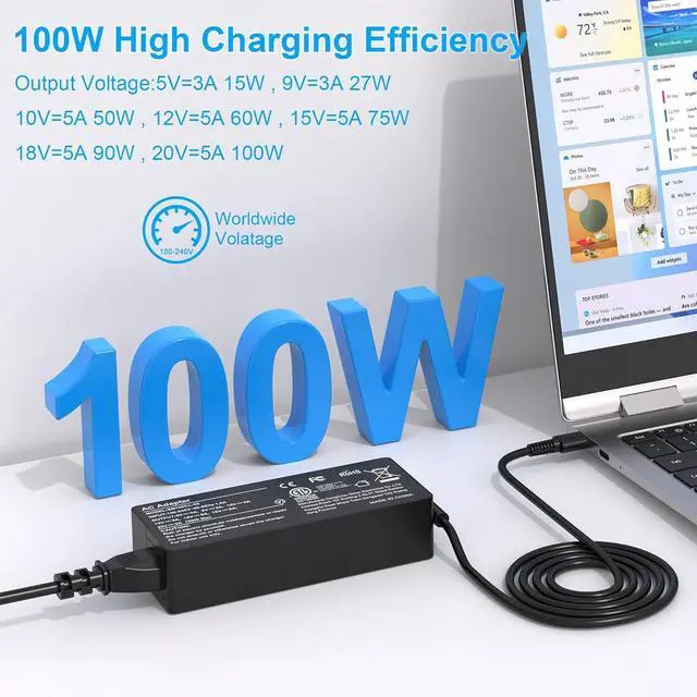 Alt view image 2 of 7 - USB C Laptop Charger 100W USB C Charger Universal Fast Charger Replacement for Lenovo MacBook Pro, MacBook Air,HP,Asus,Acer,MSI,Dell Type C AC Adapters Compatible with 90W 65W 45W PD 3.0 Power Cord