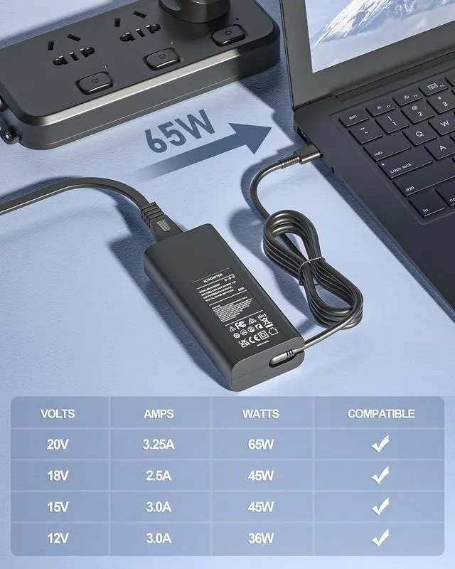 Alt view image 3 of 7 - 60W 65W USB-C Type-C Laptop Charger for Dell Latitude 3550 5530 5420 5430 5520 5540 7430 7420 7440 7340 7530 7330 7320 XPS 13 9250 9360 9365 9370 9380 9350 9550 20V 3.25A Adapter Power Cord