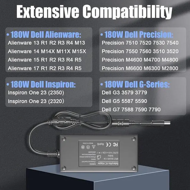 Alt view image 3 of 6 - 180W Laptop Charger Compatible with Dell Inspiron One 2350 2320 Precision 15 17 7560 7510 7520 7530 7550 3530 7710 7730 5530 M4600 M4700 M4800 G7 G5 G3 7577 5515 Game Computer Power Adapter DA180PM111