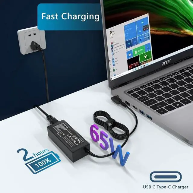 Alt view image 3 of 6 - 65W AC Adapter Replacement for Acer Aspire 5 3 Charger A515 A517 A514 A515-54 A515-55 A515-56 A515-58 A514-55 A514-54 A514-56 A517-58 / A315-24P A315-35 A315-58 N20C5 N22C6 Laptop AC Power Adapter