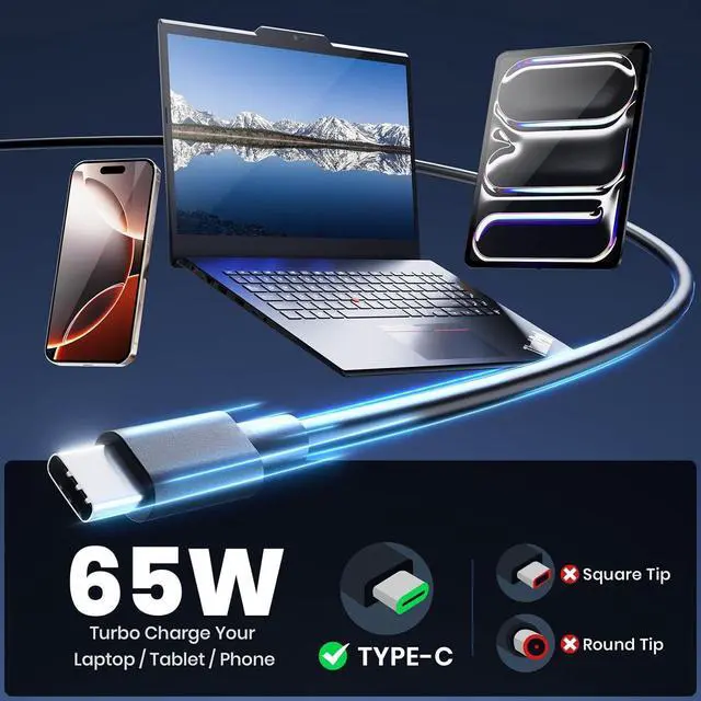 Alt view image 2 of 7 - 65W 45W USB C Laptop Charger for Dell Latitude 5540 5530 5430 7430 7440 5440 5420 3540 5520 7420 5450 7450, for Dell Inspiron 14 7420 7425 16 2-in-1 XPS 13 Chromebook Type C AC Power Cord