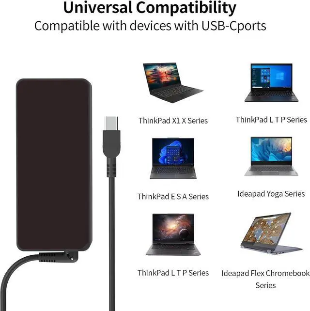 Alt view image 5 of 7 - 65W USB C Laptop Charger Compatible with Lenovo ThinkPad T14 T15 E14 E15 L14 L15 X1 X13 P15s ThinkPad E590 E595 T480 T490 T580 E580 E585 Yoga 7 7i 9i C740 Type C ADLX65YLC3D Adapter Power Supply Cord