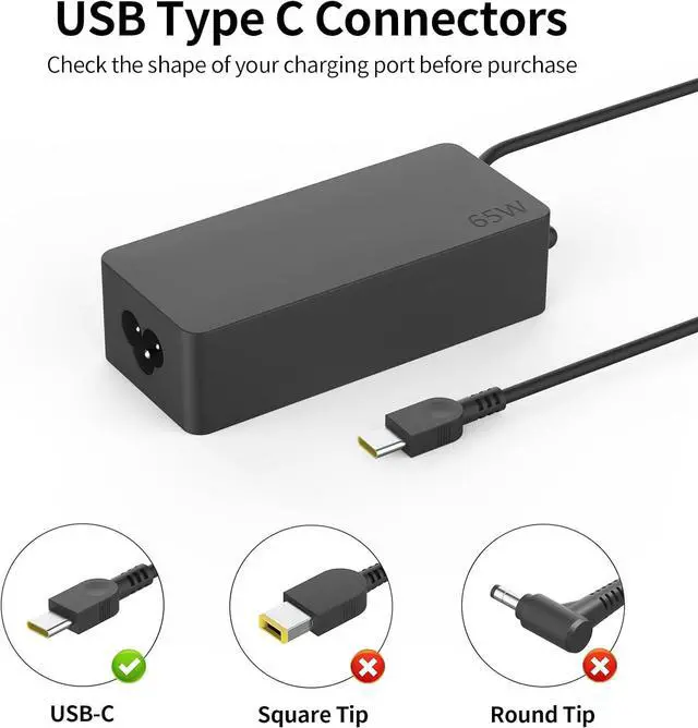 Alt view image 6 of 7 - 65W USB C Laptop Charger Compatible with Lenovo ThinkPad T14 T15 E14 E15 L14 L15 X1 X13 P15s ThinkPad E590 E595 T480 T490 T580 E580 E585 Yoga 7 7i 9i C740 Type C ADLX65YLC3D Adapter Power Supply Cord