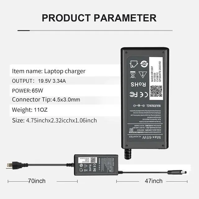Alt view image 2 of 6 - 4.5mm TIP 65W Charger for Dell Laptop Charger,AC Power Adapter for Dell Latitude 15 3000 5000 15-3520 3552 3555 3558 3565 3567 5558 Power Adapter Supply (not VGN-CR240E)