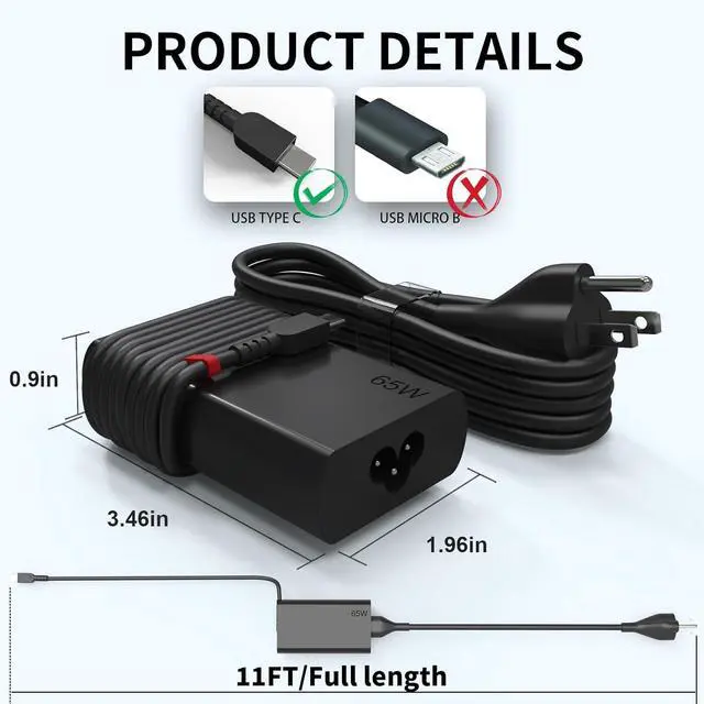 Alt view image 3 of 7 - 2025 New Slim 65W USB C Laptop Charger for Lenovo ThinkPad T14 T15 T16 X1 T480 Charger T470 T470s T480s T490 T490s T495 T570 T580 T590 E580 E585 E490 E590 L480 L580 X270 X380 X390 X395,Yoga,Chromebook