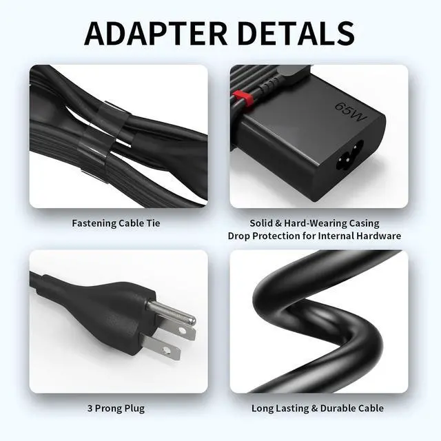 Alt view image 4 of 7 - 2025 New Slim 65W USB C Laptop Charger for Lenovo ThinkPad T14 T15 T16 X1 T480 Charger T470 T470s T480s T490 T490s T495 T570 T580 T590 E580 E585 E490 E590 L480 L580 X270 X380 X390 X395,Yoga,Chromebook