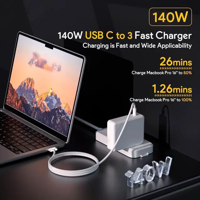 Alt view image 2 of 6 - 140W Mac Book Pro Charger Compatible with Pro(16 inch 2021-2023)&(14 inch 2023) Air (13-15 inch 2021-2024) Include a USB C to T -Tip 3 Magnetic Braided Cable(6.6FT/2M)