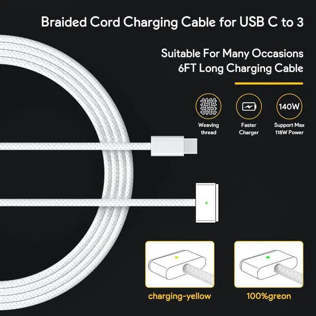 Alt view image 3 of 6 - 140W Mac Book Pro Charger Compatible with Pro(16 inch 2021-2023)&(14 inch 2023) Air (13-15 inch 2021-2024) Include a USB C to T -Tip 3 Magnetic Braided Cable(6.6FT/2M)