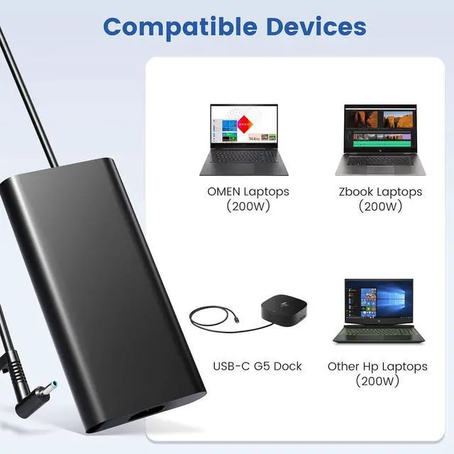 Alt view image 5 of 6 - 200W AC Charger for HP Omen Victus Series Gaming Laptop ZBook 17 G5 Fury 16 G9 G10 G11 Fit for HP TPN-DA10, L00818-850, L00895-003, ADP-200HB B, W2F75AA, TPN-LA21, TPN-LA20 19.5V 10.3A Power Adapter