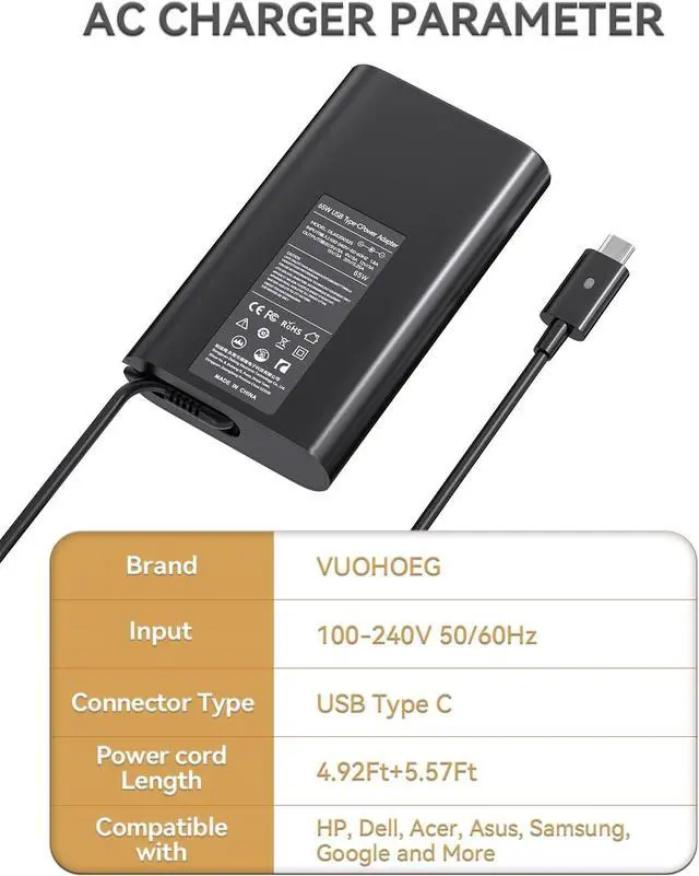Alt view image 2 of 6 - 65W USB C Laptop Charger Dell, Computer Power Adapter Replacement for Dell Latitude 5420 5520 Series Dell XPS 12 9250, XPS 13 9350 LA65NM170 2YKOF Dell Type C Ac Adapter Power Cord