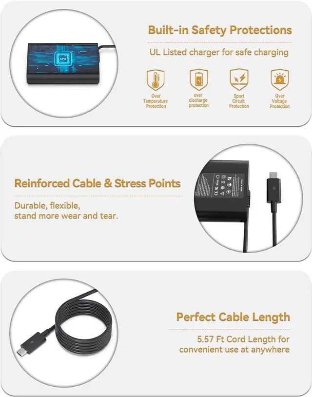 Alt view image 4 of 6 - 65W USB C Laptop Charger Dell, Computer Power Adapter Replacement for Dell Latitude 5420 5520 Series Dell XPS 12 9250, XPS 13 9350 LA65NM170 2YKOF Dell Type C Ac Adapter Power Cord