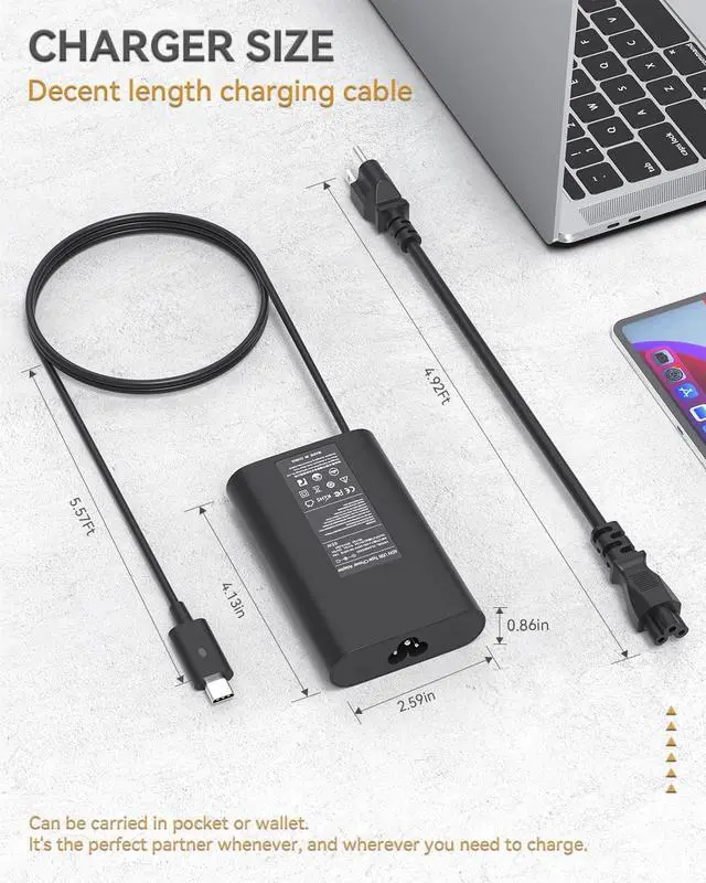 Alt view image 6 of 6 - 65W USB C Laptop Charger Dell, Computer Power Adapter Replacement for Dell Latitude 5420 5520 Series Dell XPS 12 9250, XPS 13 9350 LA65NM170 2YKOF Dell Type C Ac Adapter Power Cord