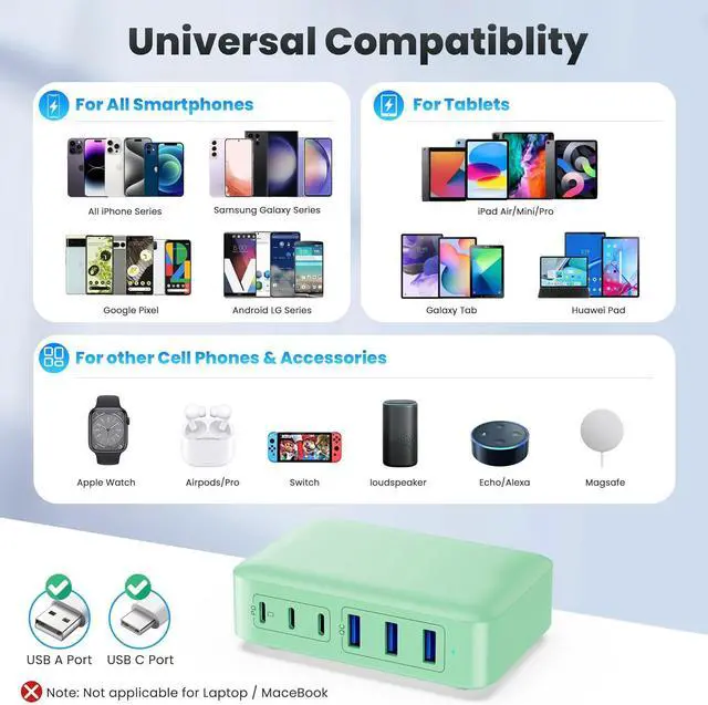 Alt view image 5 of 7 - USB C Charger Block, GaN III 8-Port USB C Fast Charging Station PPS PD 65W Laptop Charger Adapter Compatible with MacBook Pro/Air,DELL,HP Surface,iPhone 15/Pro/14/13,Galaxy S23,Light Green