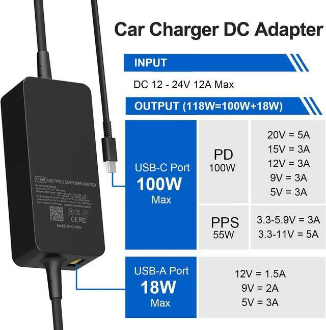 Alt view image 4 of 6 - 100W Car Charger - Laptop Car Charger USB C for Dell Latitude/Dell Precision/Dell XPS, MacBook Pro/Air, HP Spectre/Elitebook, Lenovo Thinkpad/Yoga/IdeaPad, Samsung Acer Asus Steam Deck