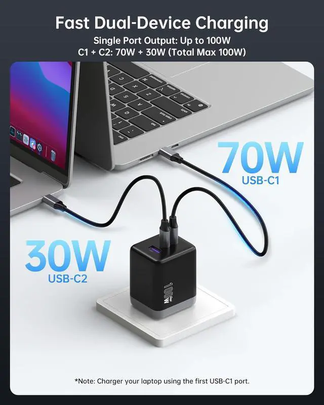 Alt view image 4 of 7 - NOVOO 100W USB C Charger Block (GaN III), 3-Port Fast Foldable Compact Wall Charger for MacBook Pro/Air, Dell XPS 13, iPad Pro, Galaxy S24/S23, iPhone 16/15 Pro and More