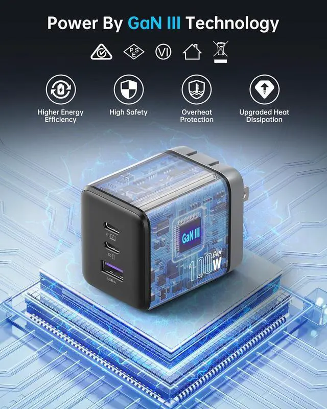 Alt view image 6 of 7 - NOVOO 100W USB C Charger Block (GaN III), 3-Port Fast Foldable Compact Wall Charger for MacBook Pro/Air, Dell XPS 13, iPad Pro, Galaxy S24/S23, iPhone 16/15 Pro and More