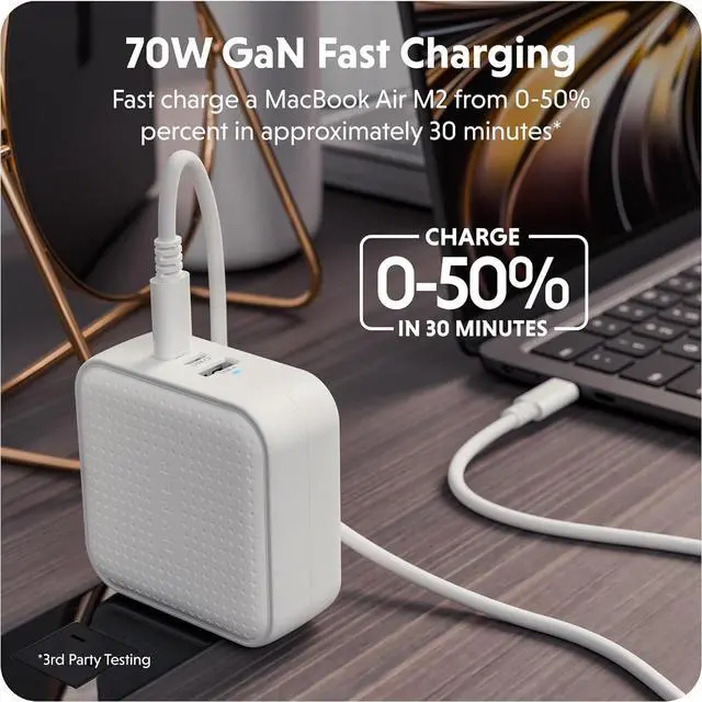Alt view image 3 of 7 - Hyper Juice 70W USB C Charger Block Portable Charger - Tri-Port GaN Charger for iPhone, iPad, MacBook, Smartphone, & Laptop - Compact Type C Charger Fast Charging Phone Charger for 3 Devices (White)